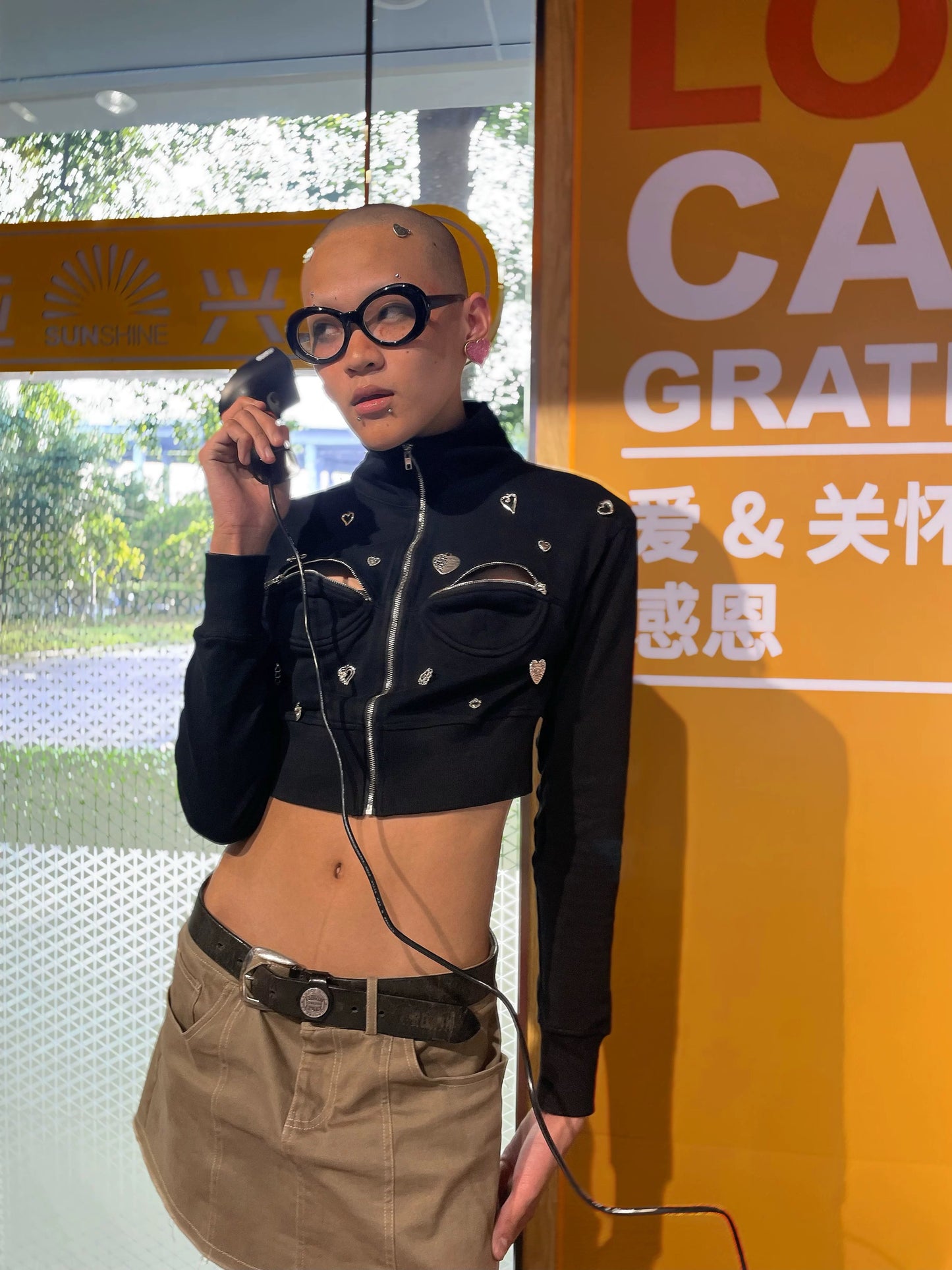 Fruitanari Zip-Up Hoodie In Black With Cut Out Detail