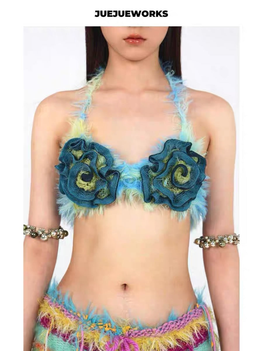 JUEJUEWORKS Hand-Knit Bikini Top in Blue