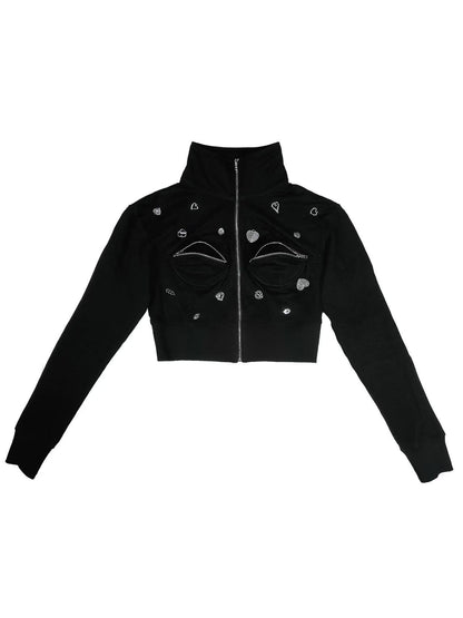 Fruitanari Zip-Up Hoodie In Black With Cut Out Detail