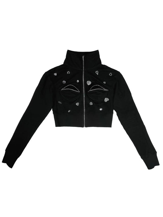 Fruitanari Zip-Up Hoodie In Black With Cut Out Detail