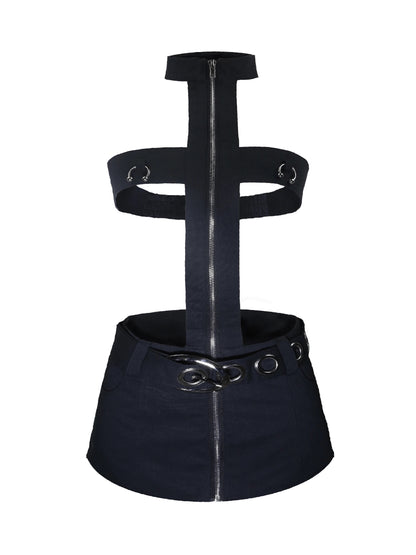 Fruitanari Cross Halter Cut-out Dress with Belt & Zipper