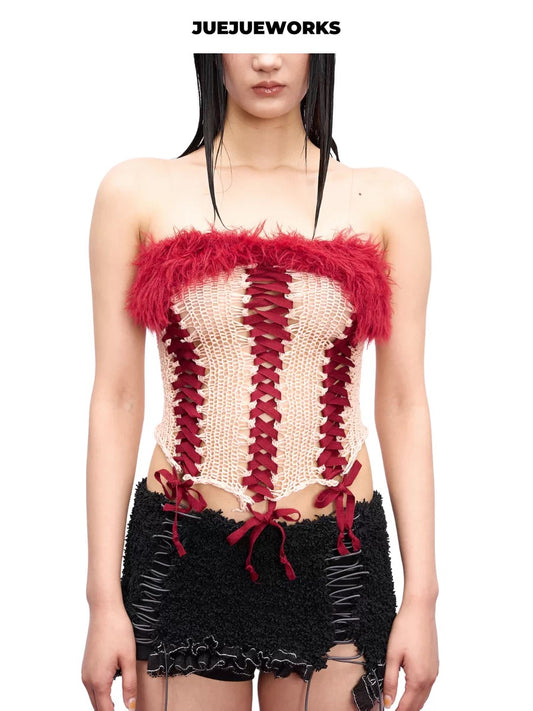 JUEJUEWORKS Hand-Knit Tube Top in Red