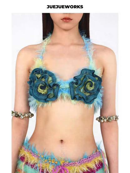 JUEJUEWORKS Hand-Knit Bikini Top in Blue