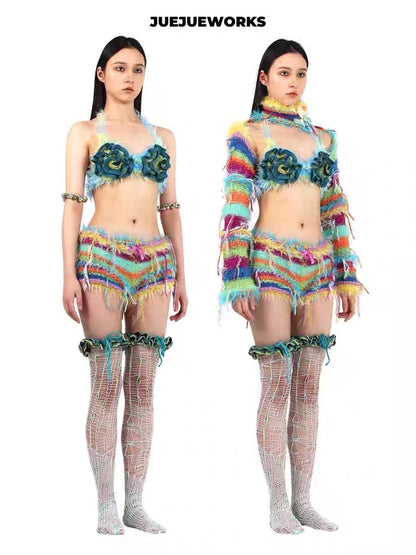 JUEJUEWORKS Hand-Knit Bikini Top in Blue