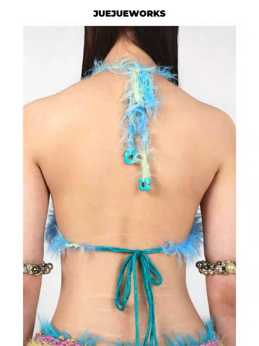 JUEJUEWORKS Hand-Knit Bikini Top in Blue