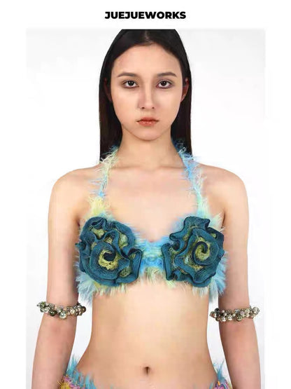 JUEJUEWORKS Hand-Knit Bikini Top in Blue