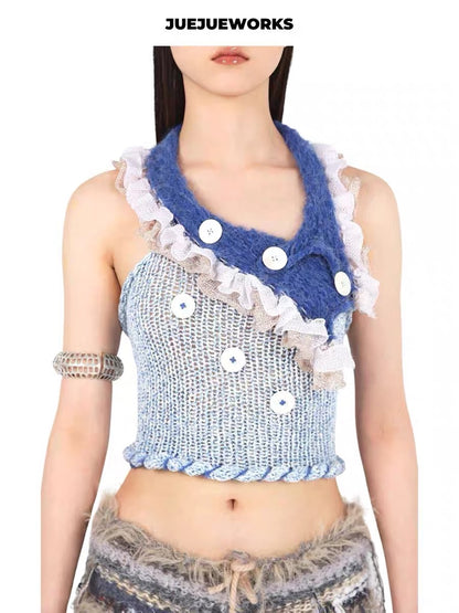 JUEJUEWORKS Hand-Knit Top in Blue