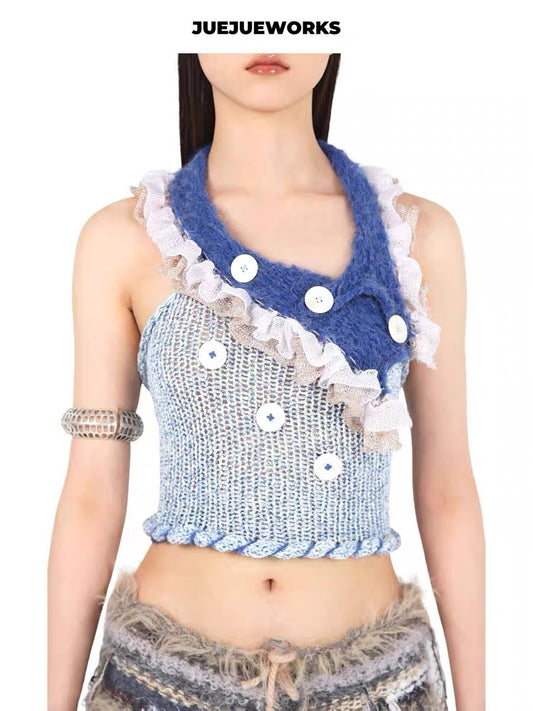 JUEJUEWORKS Hand-Knit Top in Blue