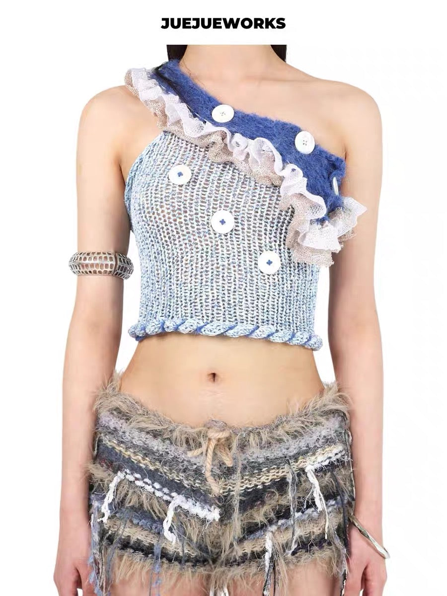 JUEJUEWORKS Hand-Knit Top in Blue