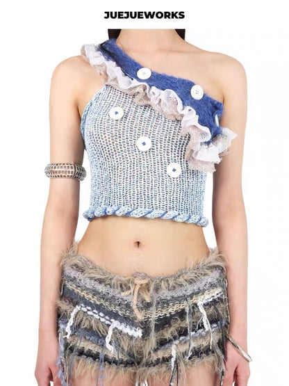 JUEJUEWORKS Hand-Knit Top in Blue