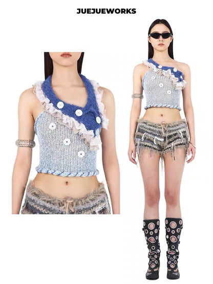 JUEJUEWORKS Hand-Knit Top in Blue