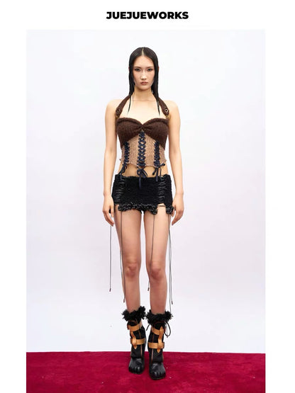 JUEJUEWORKS Hand-Knit Top in Brown