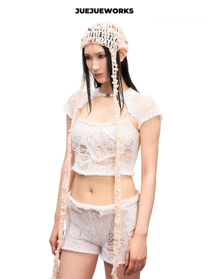 JUEJUEWORKS Hand-Knit Top in White