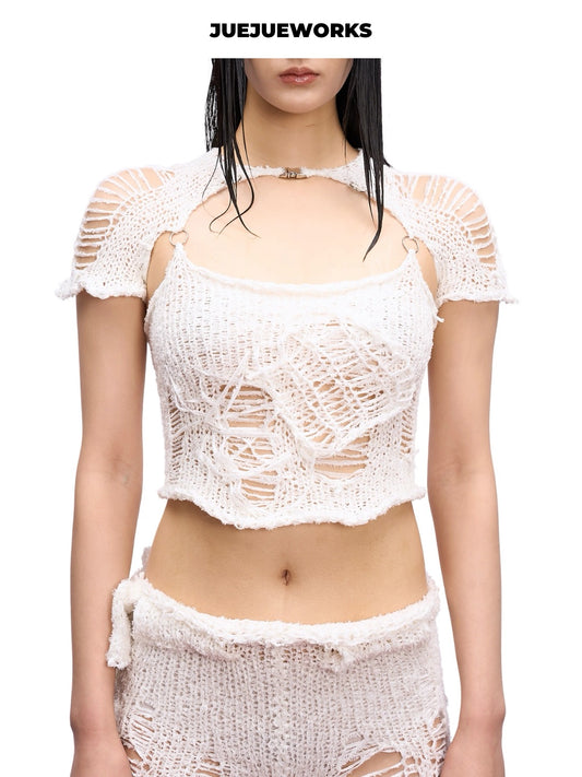 JUEJUEWORKS Hand-Knit Top in White