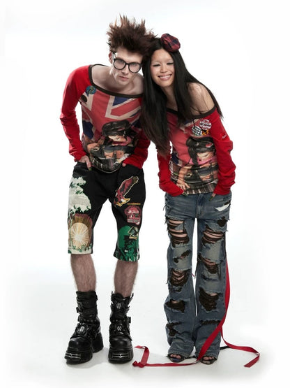 Fruitanari printed one-shoulder tie-up long-sleeve top