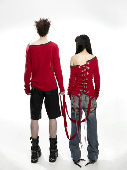 Fruitanari printed one-shoulder tie-up long-sleeve top